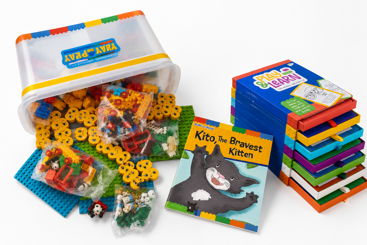 Six Bricks classroom resources laid out, including coloured bricks, base plates and activity materials for a group of children