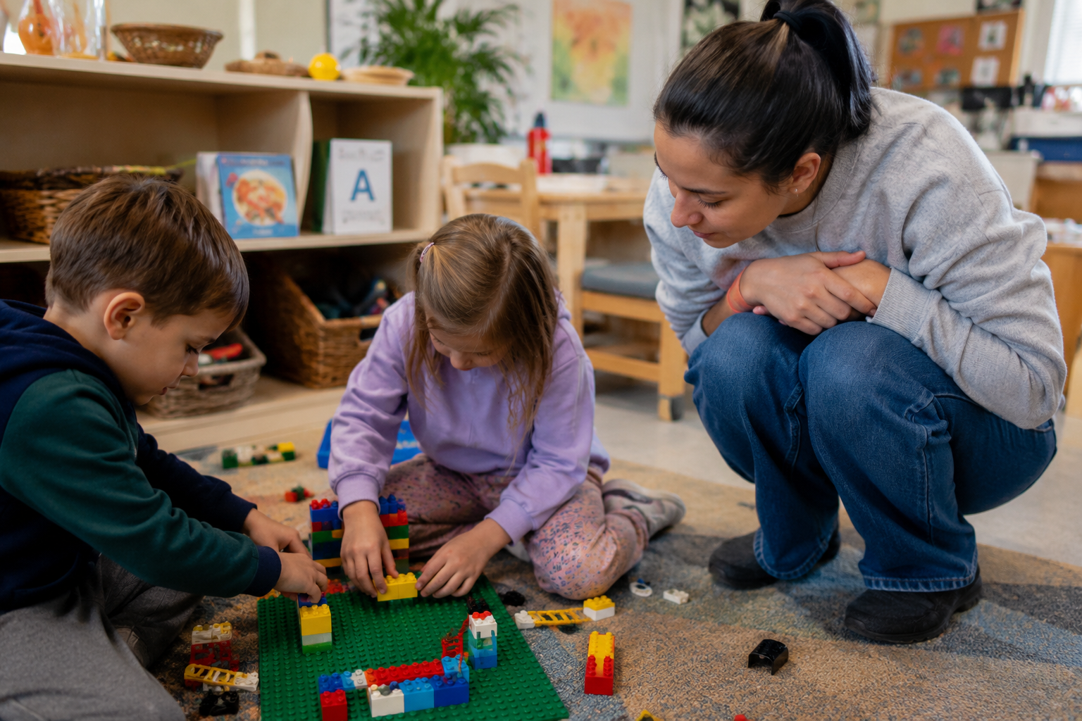 An early childhood educator crouching at eye level beside preschoolers, observing rather than directing a brick activity