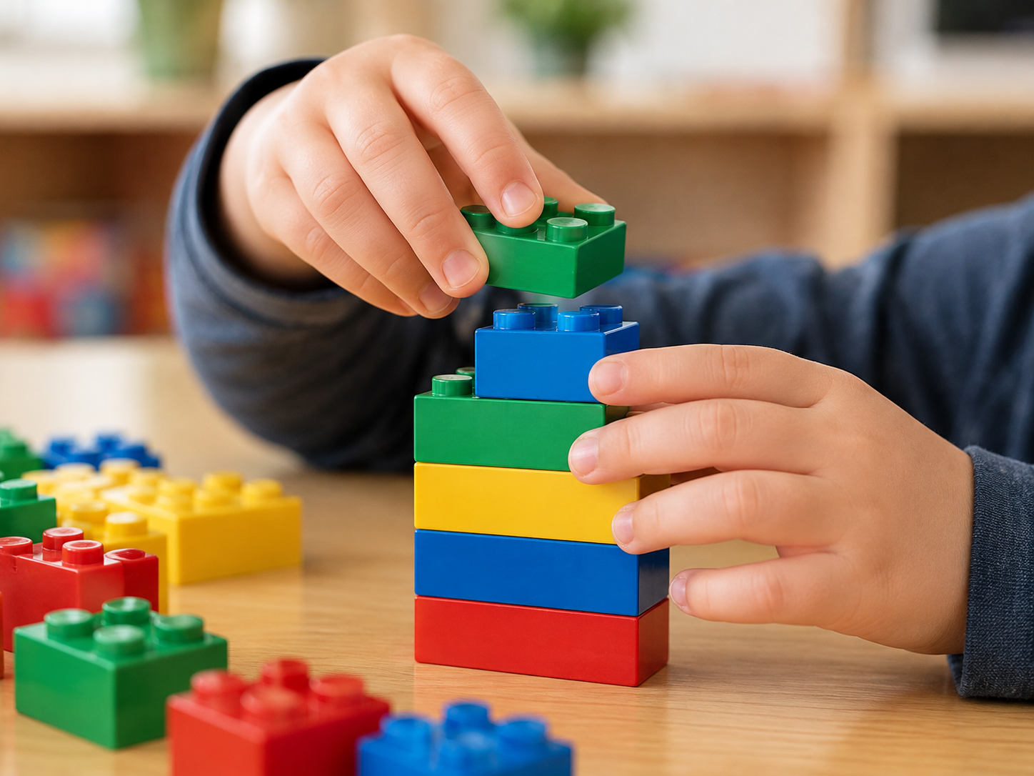 Close-up of a young child's hands stacking and balancing colourful interlocking bricks on a classroom table