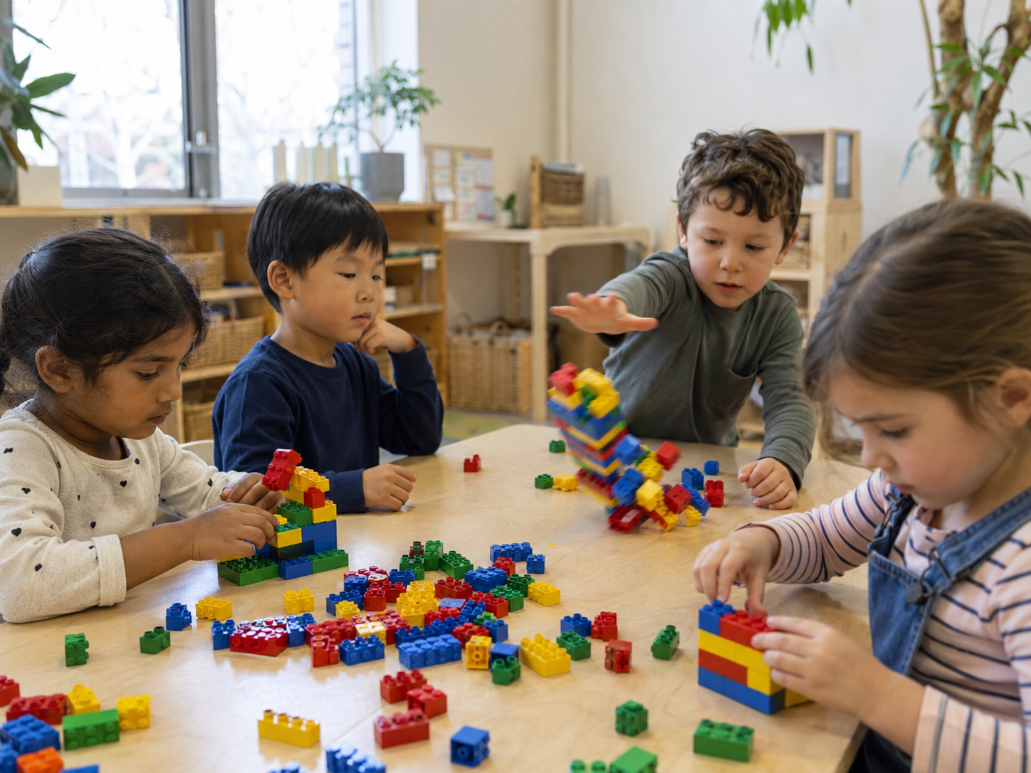 Four children at a classroom table each building something different with the same set of six plain bricks